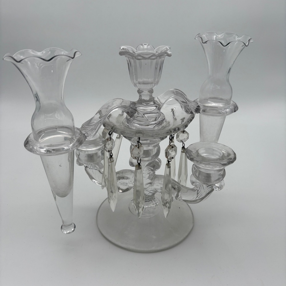 Vintage Cambridge Glass 3 Arm Candelabra Epergne Lily bud Vases & Crystal Prisms